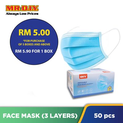 (MR.DIY) Disposable 3-Layer Filter Face Mask Non Medical (50pcs) - 5 BOXES AND ABOVE FOR RM5.00 EACH