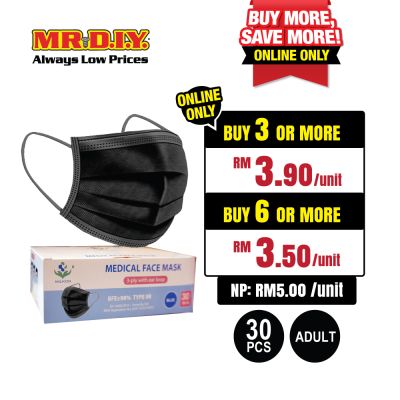 MILKON 3-ply Disposable Medical Face Mask Black (30 pieces)